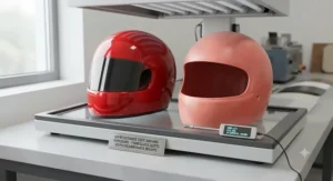 Diagram comparing long-term sun and UV resistance in fibreglass versus polycarbonate helmet shells.