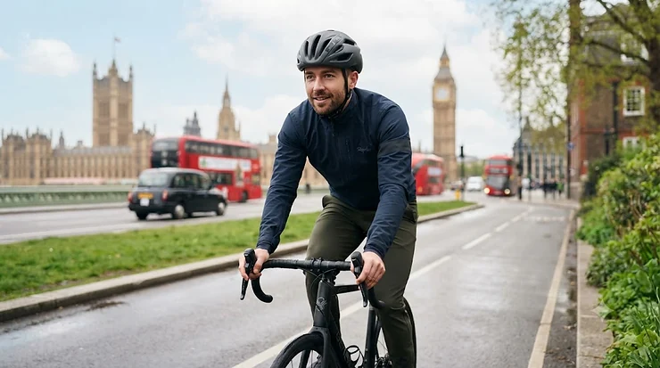 A cyclist wearing a high-performance sport helmet under £250 in London. sport helmet under £250