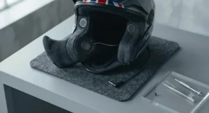 Detail view of the integrated, flush-fit speakers positioned inside the helmet padding.