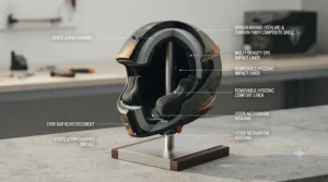 Cross-section diagram of a Kevlar motorcycle helmet showing the outer composite shell, EPS liner, and interior padding layers.