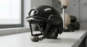 Digital weighing scale showing the lightweight advantage of an aramid composite helmet for all-day wear.