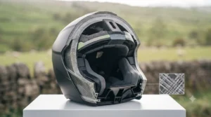An exploded view of the multi-layer fibreglass shell showing the lightweight protective construction.