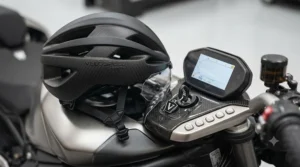 A lightweight carbon fibre helmet resting on a motorcycle dash, showing its compact profile.