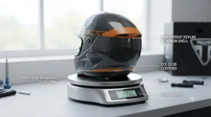 A lightweight Kevlar motorcycle helmet resting on a scale, demonstrating reduced neck fatigue for long-distance touring.
