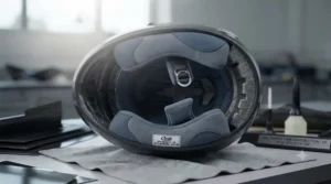 An internal view of the removable, moisture-wicking comfort liner inside a carbon racing helmet.