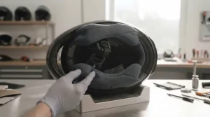 Interior view of a high-end motorcycle helmet highlighting the antimicrobial, moisture-wicking comfort liner.