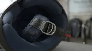 Detailed shot of a secure double-D ring retention system on a sport helmet chin strap.