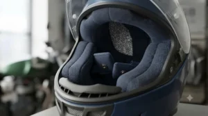 Interior view of a premium motorcycle helmet featuring removable, moisture-wicking comfort lining.