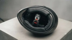 Removable moisture-wicking comfort lining inside a fibreglass motorcycle helmet.