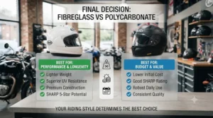 Visual price guide comparing budget-friendly polycarbonate lids with premium fibreglass motorcycle helmets in British pounds, highlighting value for UK consumers.