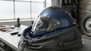 A premium fibreglass motorcycle helmet resting inside its protective soft-lined carry bag.