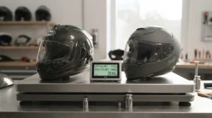 A lightweight carbon fibre helmet on digital scales demonstrating the weight difference compared to standard composite lids.