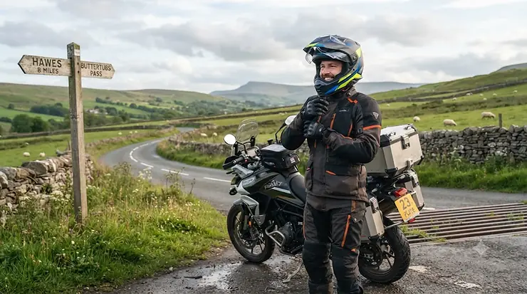 A rider wearing a premium multi-fibre helmet for touring on a scenic UK road, offering lightweight protection and comfort for long-distance riding. multi-fibre helmet for touring