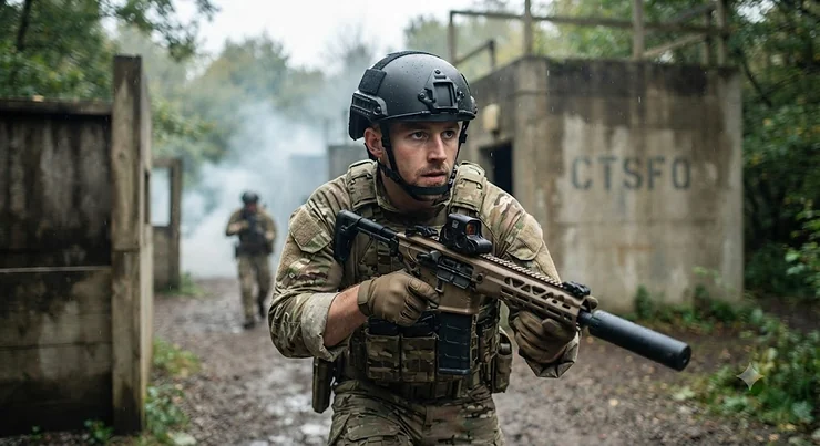 Security professional wearing a protective composite helmet during a training exercise in the UK. aramid composite helmet vs fibreglass
