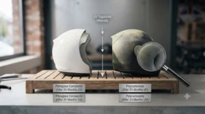Diagram illustrating the thermoplastic injection moulding process used to manufacture polycarbonate motorcycle helmet shells, showing molten polymer injected into a mould.