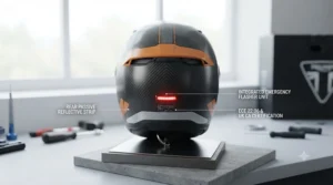 Rear reflective details on a dark Kevlar motorcycle helmet to improve visibility for evening commutes on UK roads.