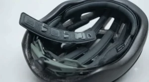 A view of the removable, anti-microbial interior liner of the carbon fibre helmet.