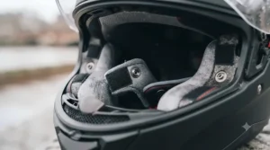 A view into the open helmet showing the detailed grey, removable and washable comfort lining and cheek pads.