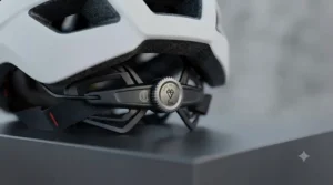 Safety standard compliance label displayed clearly on the interior lining of the lightweight fibreglass sport helmet.