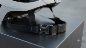 Secure and adjustable chin strap fastening mechanism on the lightweight fibreglass sport helmet for a snug fit.