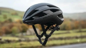 Side view of a women’s carbon fibre helmet highlighting the sleek aerodynamic design.