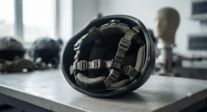Detailed shot of a multi-point adjustable chin strap and harness suspension system inside a modern helmet.