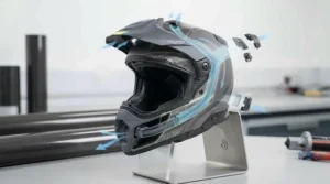 Detailed view of the multi-fibre helmet for touring showcasing adjustable chin and top vents for optimal airflow on long rides.