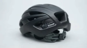 Safety certification label on the back of a women’s carbon fibre helmet.
