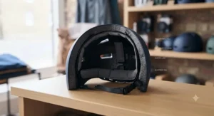 Rear dial adjustment system on a polycarbonate commuter helmet ensuring a secure and comfortable fit for everyday bicycle journeys.