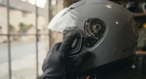 Anti-scratch visor mechanism and Pinlock insert on an advanced thermoplastic helmet designed to prevent fogging in damp UK weather.