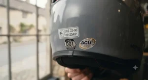 Close-up of the safety certification label on an advanced thermoplastic helmet meeting stringent UK and European safety standards.