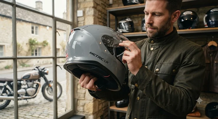 A premium advanced thermoplastic helmet displayed on a clean background, showcasing modern safety design for UK riders. advanced thermoplastic helmet