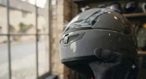 Technical graphic highlighting the airflow channels and adjustable vents on an advanced thermoplastic helmet for all-weather riding.