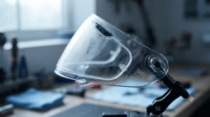 Close-up of an anti-fog clear motorcycle visor preventing condensation on a chilly morning ride.