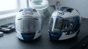 Side-by-side comparison demonstrating a clear anti-fog visor preventing misting in damp British weather conditions.