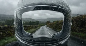 A motorcyclist riding through typical UK autumn rain with a crystal-clear field of vision.