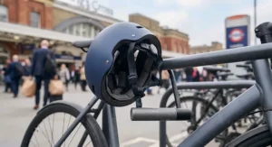 Interior air vents of a sleek polycarbonate helmet for commuting, engineered to keep urban cyclists cool during the morning ride to the office.