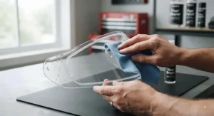 Cleaning a pinlock ready clear visor carefully with a microfibre cloth to protect the anti-scratch coating.