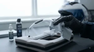 Proper cleaning technique for maintaining an anti-fog clear visor on a motorcycle helmet.