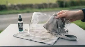 Cleaning a replacement clear visor with microfiber cloth and helmet cleaner to maintain visibility.