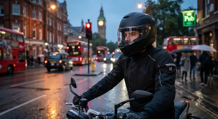 A motorcyclist wearing a helmet with a crystal-clear visor riding under illuminated street lamps on a wet British road at night, highlighting optimal visibility and reduced glare. clear visor for night riding