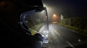 Side-by-side comparison showing why a clear motorcycle visor is legally essential for riding after dark in the UK.