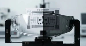 Side-by-side graphical comparison showing high light transmission through a clear motorcycle visor versus reduced visibility through a dark smoke visor during low-light conditions.