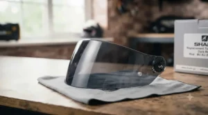 Close-up view of a dark smoke replacement tinted visor highlighting the scratch-resistant coating.