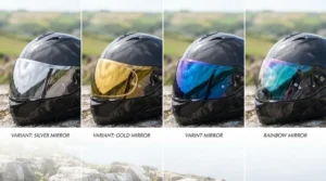 Selection of silver, gold, and blue mirror tinted visors for motorbike helmets.