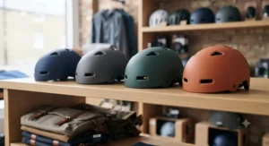 A water-resistant polycarbonate helmet designed for commuting, shown with an integrated visor to protect cyclists from unpredictable British weather.