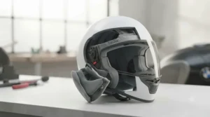 Compact commuter helmet conveniently stored under a moped seat after a ride.