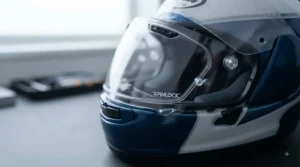 Motorcyclist preparing for a morning commute in the UK using an anti-fog clear visor.