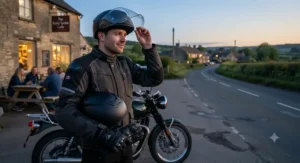 A motorcyclist lifting their visor outside a countryside cafe at dusk, preparing for a safe ride home after sunset.