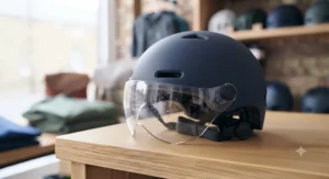 Cross-section diagram demonstrating the tough outer polycarbonate shell and shock-absorbing EPS liner of a commuter bicycle helmet.